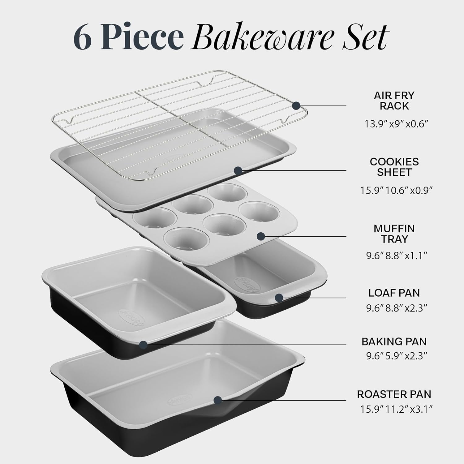 6 Pc Stackable Baking Pans Set Non Stick, 70% Space Saving Design, Nonstick Ceramic Bakeware Sets Non Toxic, with Baking Sheet Tray, Cake & Muffin Pans, Oven & Dishwasher Safe, Black
