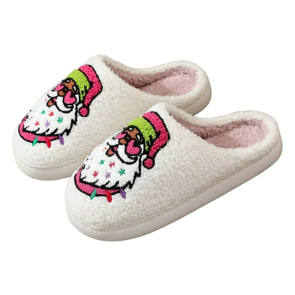 Dakaela Christmas Slippers Reindeer Santa Xmas Plush Fuzzy House Shoes Indoor Outdoor Bedroom Winter Slip on Slides White Size 6