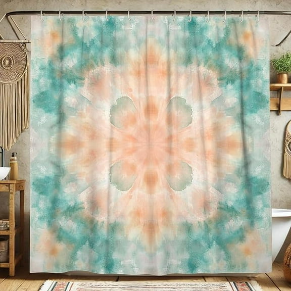 Abstract Shower Curtain, Watercolor Teal Peach Pattern Shower Curtain For Bathroom Decor, Spring Summer Modern Artistic Waterproof Fabric Shower Curtain Set With Hooks 72"W x 78"L