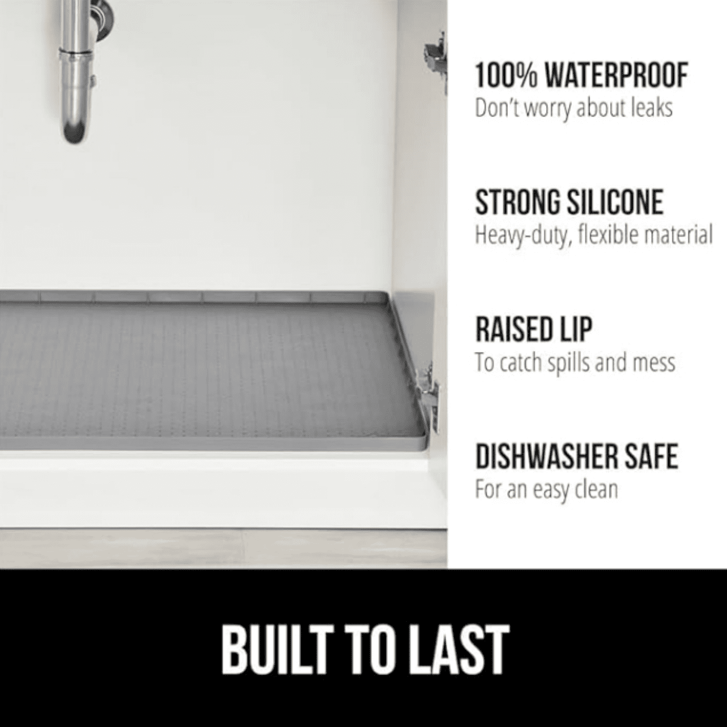 Waterproof Silicone Under Sink Mat with Raised Lip for Kitchen and Bathroom, 34 x 22 in, Cabinet Shelf Liner Stay in Place Mats Dishwasher Safe Drawer Liner, Organizer Tray, Gray
