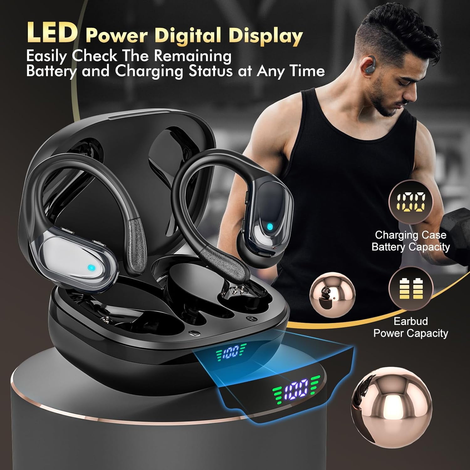 Wireless Earbuds Bluetooth Headphones 80H Playback Ear Buds Power Display with Noise Canceling Mic with Earhooks for Sports/Workout - Black