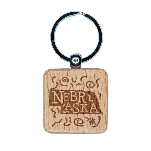 Nebraska State with Text Swirls Square Keychain Charm Tag - Engraved Wood