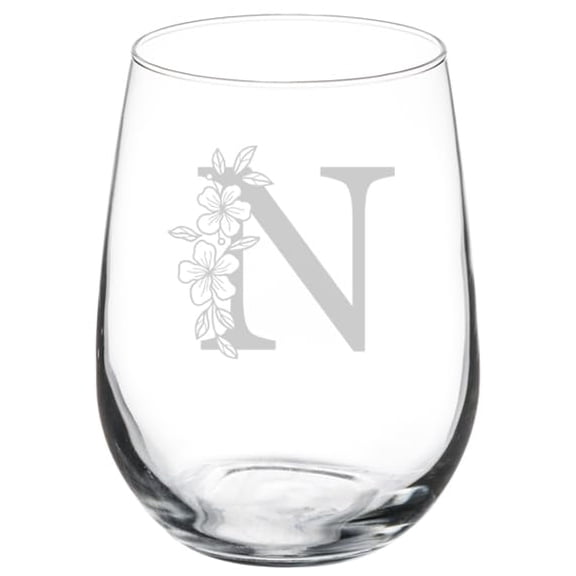 Wine Glass Goblet Gift Floral Monogram Letters (17 oz Stemless) (N)