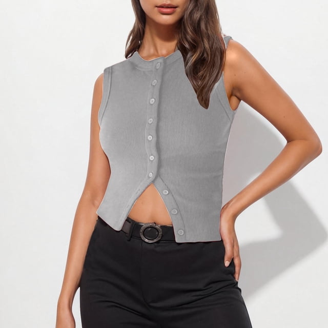 Soki Womens Sleeveless Vest Shirt Round Neck Button Tank Tops