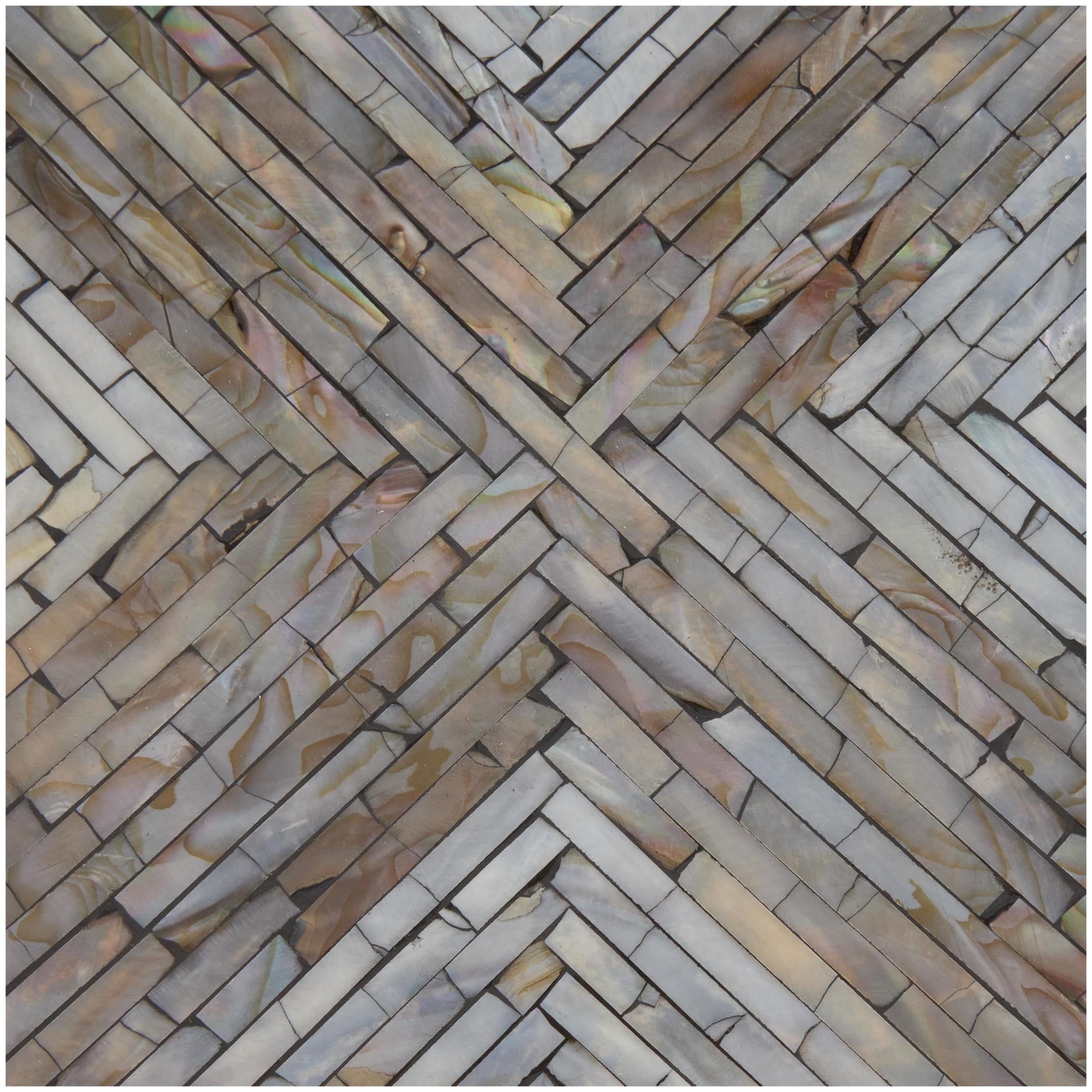 DecMode 16" x 20" Gray Mother of Pearl Shell Handmade Hourglass Geometric Accent Table with Linear Mosaic Pattern, 1-Piece