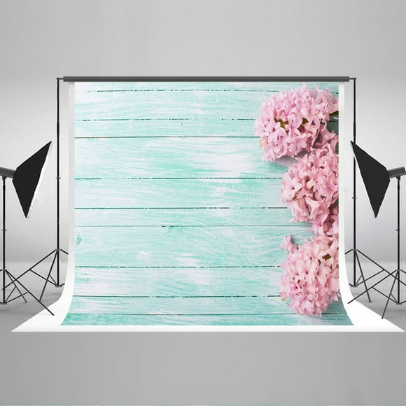 YUSDECOR 7x5ft Light Blue Wood Floor Photography Backdrop Pink Flowers Studio Props Background