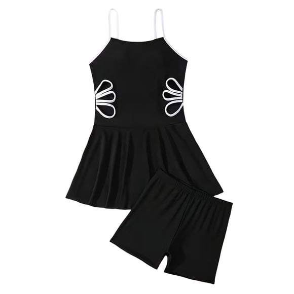 Pimfylm Girl Bikini Set Girl's Swim Dress Flower Cut Out Swimsuit Ruffle Tankini Bathing Suit With Shorts Black,Size for 9-10 Years