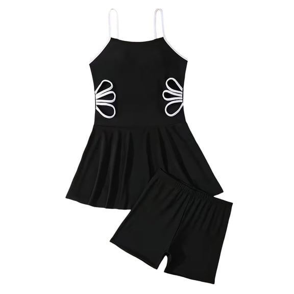 Zanarzt Teen Girl Bikini Girl's Swim Dress Cut Out Swimsuit Ruffle Tankini Bathing Suit with Shorts Black,8-9 Years