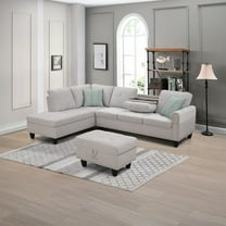 Hommoo L-Shaped Upholstered Sectional Sofa Couch with Storage & Cup Holders, Linen Living Room Sofa Set, With Ottoman, Light Gray