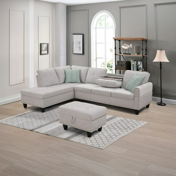 Hommoo L-Shaped Upholstered Sectional Sofa Couch with Storage & Cup Holders, Linen Living Room Sofa Set, With Ottoman, Light Gray