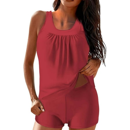 Swim Suits for Women 2025! Fadeal Women s Tankini Bathing Suits Tankini Swimsuits Two Piece Graphic Swim Tank Top with Boyshorts Ladies Swimwear Tankini Swimsuits for Women Red 2XL