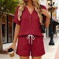 thumbnail image 4 of Xdegoge Women's Cotton Linen 2 Piece Outfits Summer Casual V Neck Button Down Short Sleeve Shirts and Drawstring Shorts Lounge Set Tracksuit with Pockets, 4 of 5