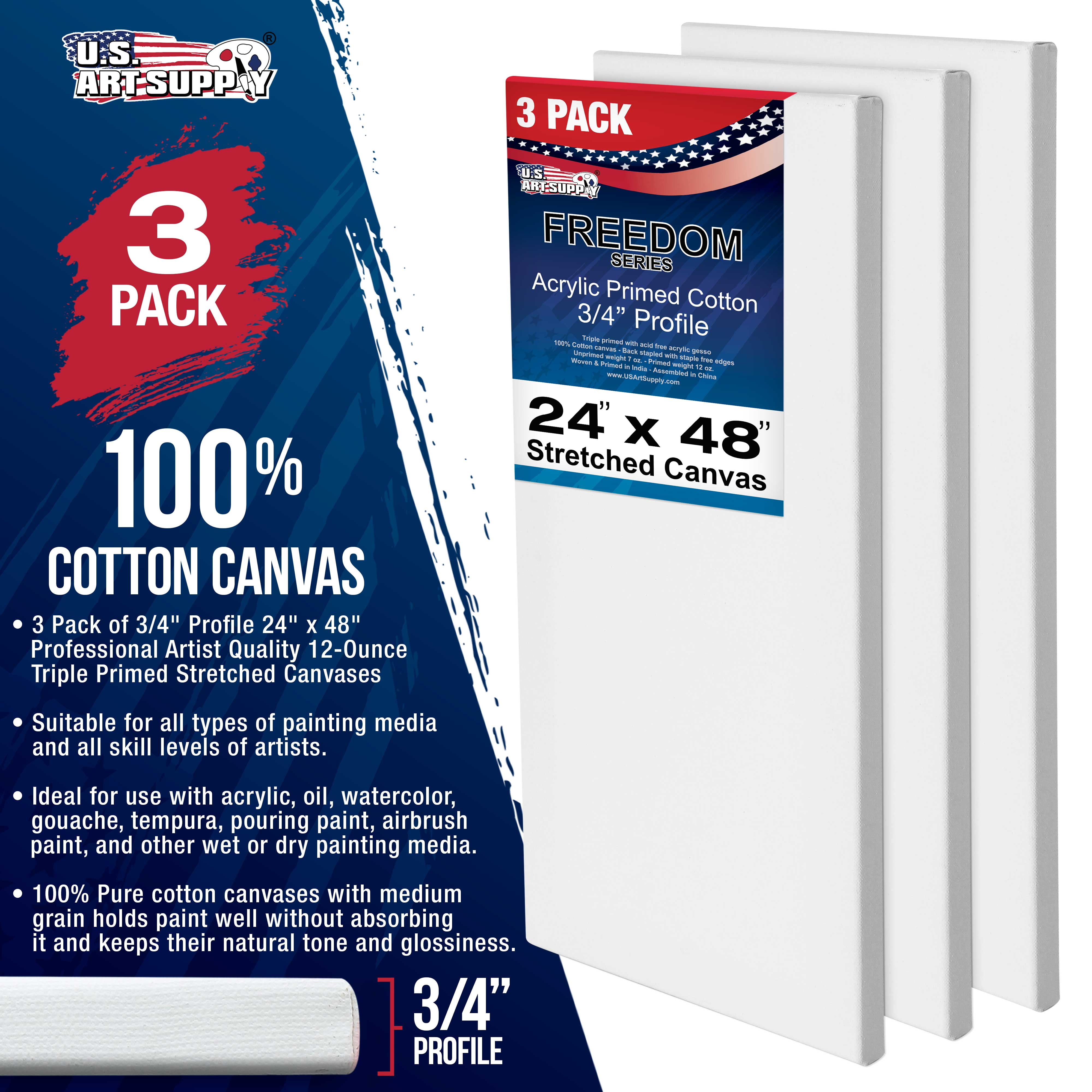 U.S. Art Supply 24 x 48 inch Stretched Canvas 12-Ounce Triple Primed, 3-Pack - Professional Artist Quality White Blank 3/4" Profile, 100% Cotton, Heavy-Weight Gesso - Acrylic Pouring, Oil Painting