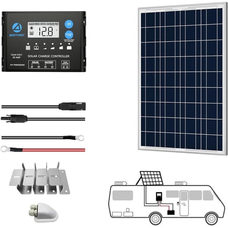 ACOPOWER 100 Watts Polycrystalline Panel Solar RV Kits with 20A PWM LCD Charge Controller/Mounting Brackets/Solar Cables/Cable Entry housing