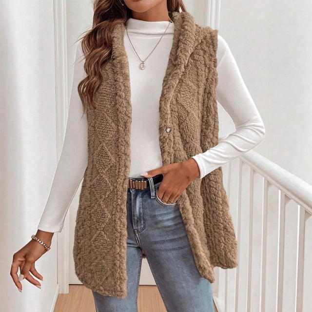 NJDVHB Cardigan à Capuche Sans Manches d'Hiver pour Femmes, Veste Décontractée Unie Double Face