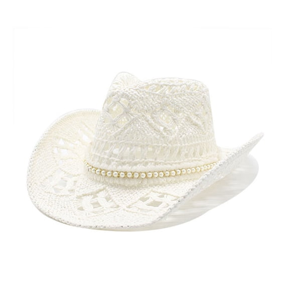 Aocisk Women Men Western Cowboy Straw Sun Hat with Shapeable Wide Brim for Summer Beach Outdoor White One Size