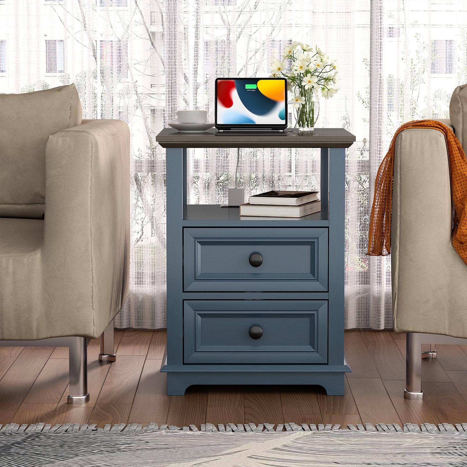 FAGAGA End Table with 2 Drawers for Living Room,Nightstand with Charging Station for Bedroom,Blue