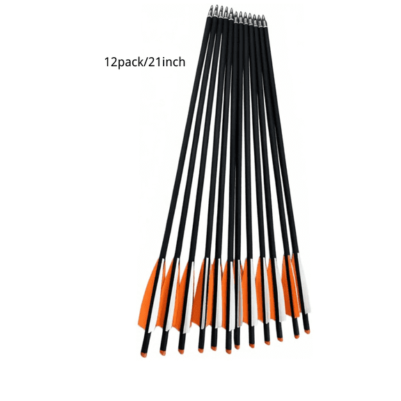 12 Pack 21 Inch Carbon Crossbow Bolts – 8.8mm Shaft with 4" Shield Vanes (2 Orange 1 White) & Metal Field Points – High Visibility Archery Target Practice Arrows