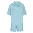 thumbnail image 7 of Feancey Summer 2 Piece Sets for Women Short Sleeve Lapel V Neck Tops and Shorts Lounge Two Piece Set Solid Color Loose Beach Vacation Outfits Funny Gift Light Blue S, 7 of 7