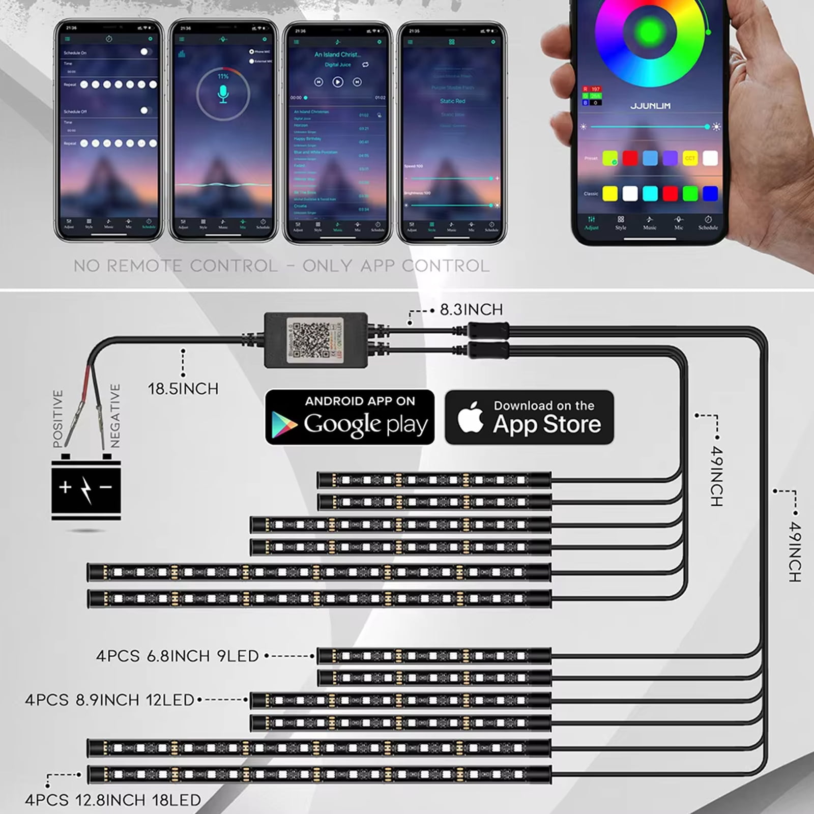 AUTOXBERT 12PCS Motorcycle Underglow RGB LED Strip Motorcycle Light Kit Bluetooth APP Control Waterproof (6.8/8.9/12.8 in)