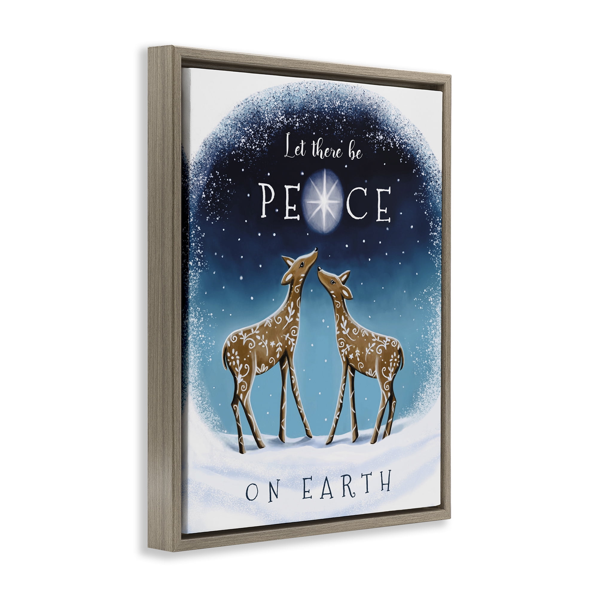 Stupell Industries Peace On Earth Reindeer Holiday Painting Brown Floater Framed Art Print Wall Art, 17 x 21