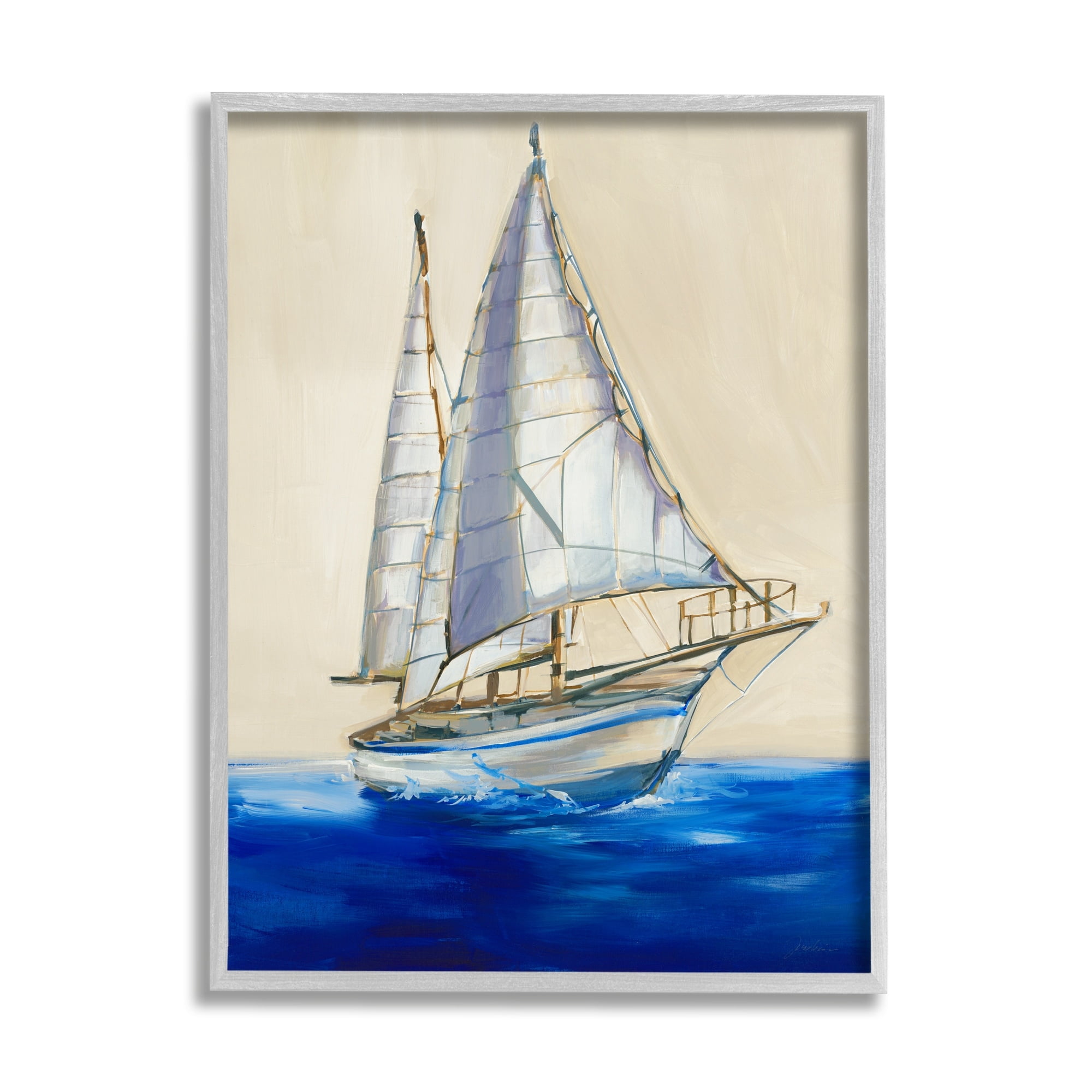 Stupell Industries Contemporary Sailboat Yacht Deep Blue Waves Neutral Sky Paintings Gray Framed Art Print Wall Art, 24x30, by Liz Jardine