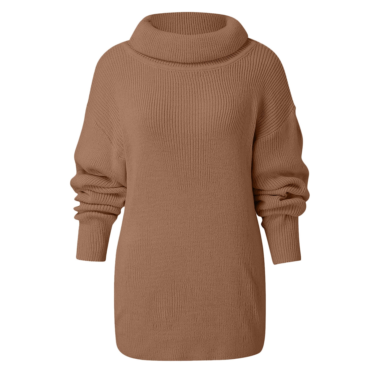 Jyeity Vacation Vibes Solid Color Turtleneck Knit Pile Collar Plus Size Loose Turtleneck Sweater elbow sleeve tops women Brown Size M(US:6)