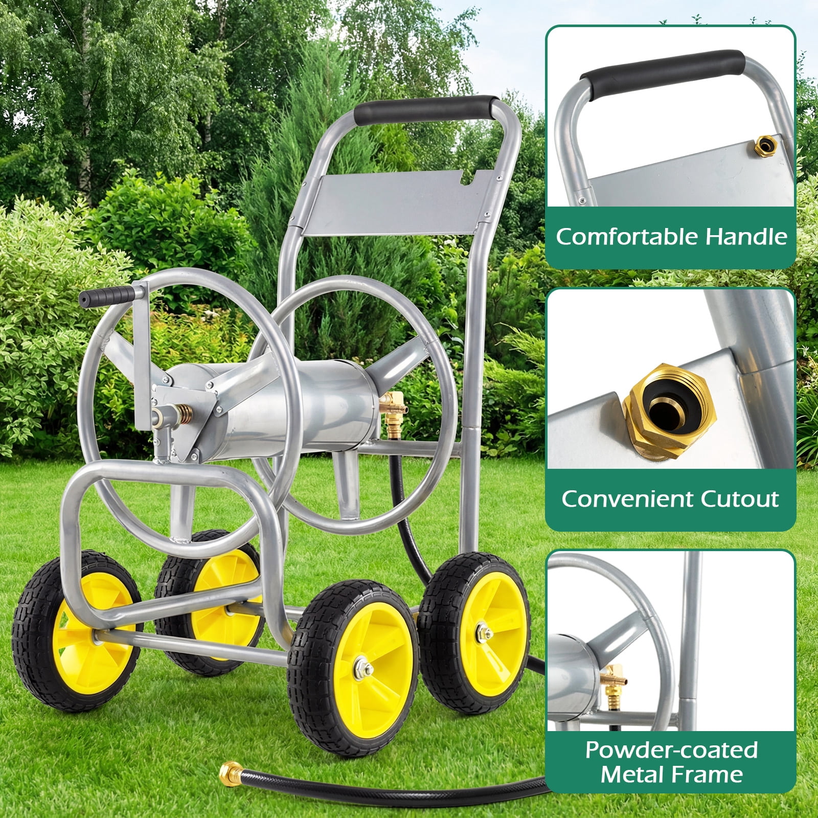 Costway Garden Hose Reel Cart 4 Wheels, 330 ft 5/8” Large Capacity for Outside Yard Lawn Silver