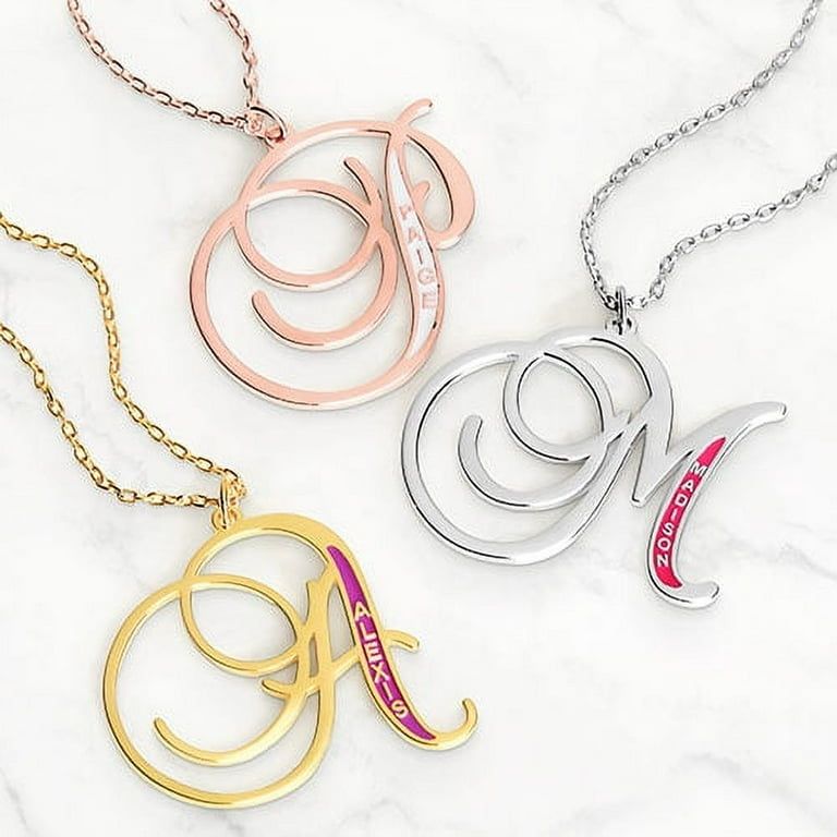 Personalized Planet Women's Fancy Script Initial with Enamel Name