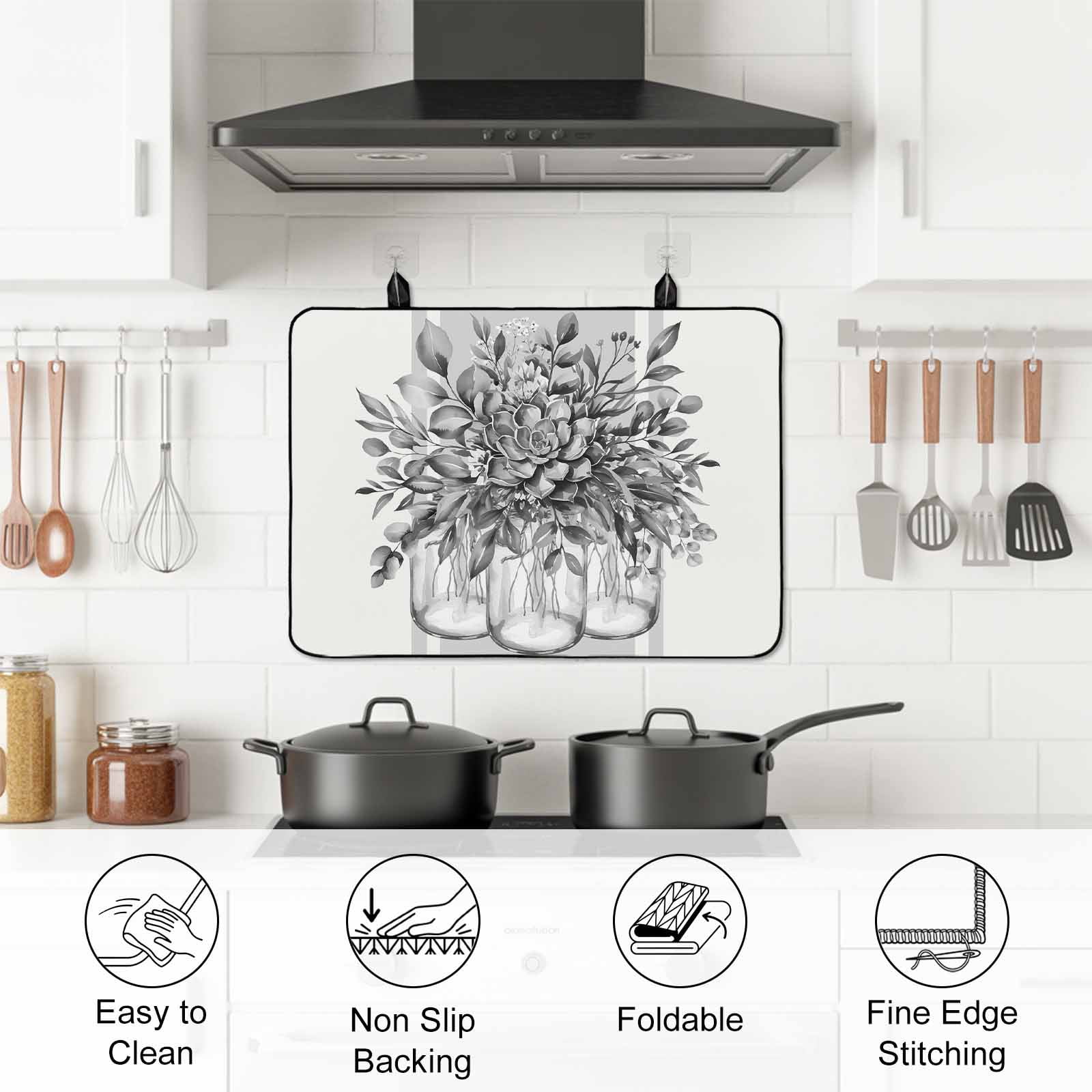 Eucalyptus Grey Stove Top Cover for Electric Stove, Heat-proof & Non Slip Glass Top Stove Cover Protector, Vintage Bottle Succulents Flower Stripes Kitchen Flat Cooktop Rubber Mat 28.5x20.5 Inches