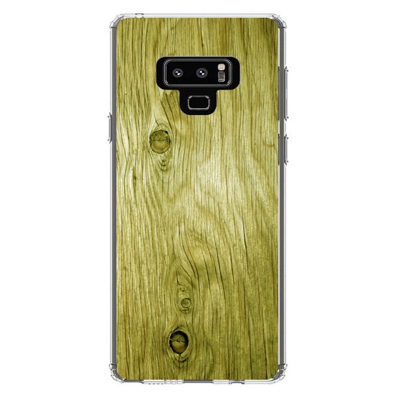 DistinctInk Clear Shockproof Hybrid Case for Samsung Galaxy Note 9 - TPU Bumper, Acrylic Back, Tempered Glass Screen Protector - Yellow Weathered Wood Grain Print - Printed Wood Grain Image