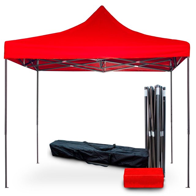 toldo reforzado kingshouse carpa impermeable 3x2 m rojo toldo plegable 3x2 m con techo piramidal rojo y estructura metálica cruzada visible; patas telescópicas en las cuatro esquinas, incluye bolsa de transporte negra y funda roja. Ideal para eventos y reuniones de jardín; también suele usarse como toldo temporal para proteger un vehículo pequeño.