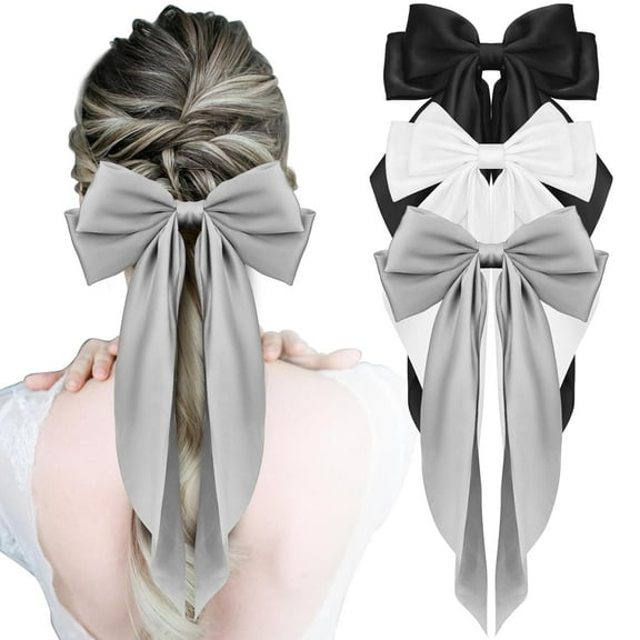 Wattne 3PCS Hair Bows for Women Big Bows for Hair Black Satin Bow Hair Clips White Hair Ribbons Girls Hair Bows Large Bows with Long Tails Bowknot Clips Barrettes Aesthetic Hair Accessories