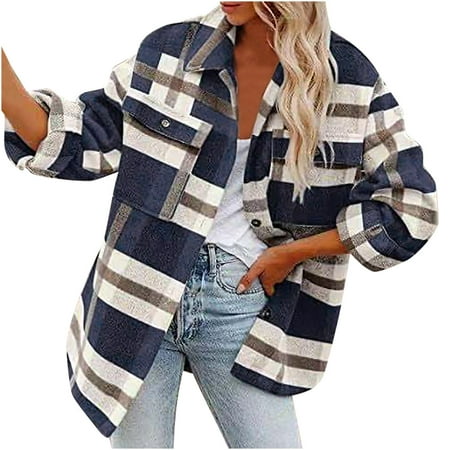 

Fall Winter Coats for Womens Fashion Wool Blend Plaid Shacket Jacket Casual Oversized Boyfriend Outerwear Cardigan