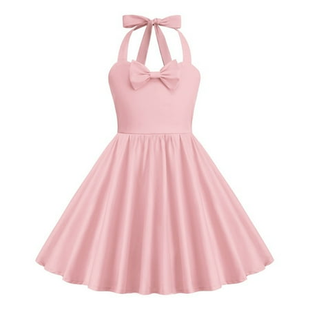 AJTQTH Sundress for Girls Halter Neck High-Waisted Gowns Cute Bowknot Solid Color Frocks Tunic Flowy Maxi Dress for Summer Casual Party Pink 4 Years
