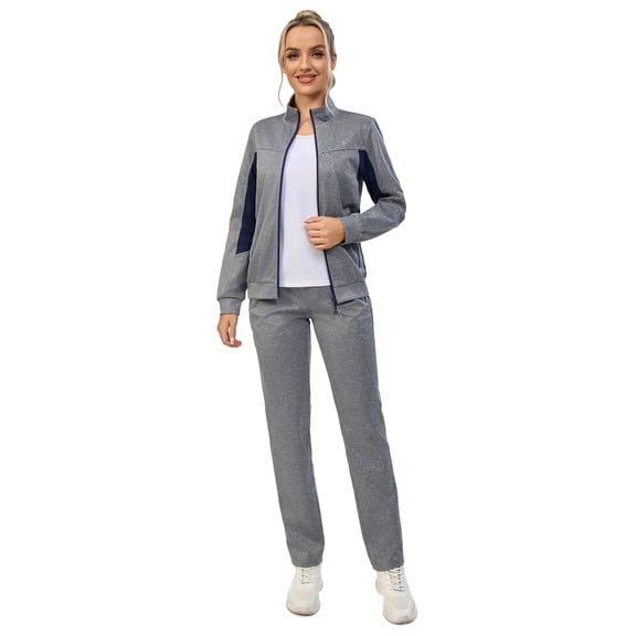 Women's 2Pc Full Zip Tracksuit, 4 Way Stretch Breathable with Reflective & Zipper Pockets for Gym Running Light Grey 2XL