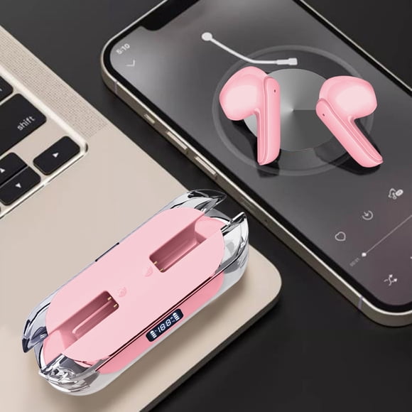 Auriculares Inalámbricos Bluetooth con Pantalla Digital Transparente y Batería de Larga Duración, Estéreo Dual In-ear, Estuche de Carga Inalámbrica Verdadera Rosa