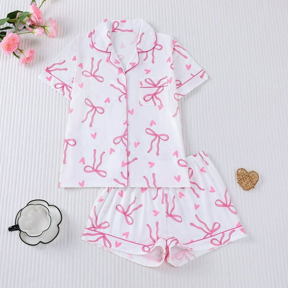 QUNYINEY Soft Pajamas for Women Set Short Sleeve Cute Two Piece Bow Top and Shorts Button Down with Pocket Loose Fit Collar Womens Loungewear Set