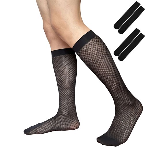 Gustave 2 Pairs Mens Over the Calf Thin Dress Socks Breathable Silk Sheer Casual Formal Business Socks Nylon Stockings - Black