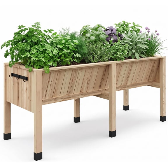 Large Wooden Raised Garden Bed with Legs 46x26x30in, 4x2x2.5 ft Elevated Planter Box with Hooks & Non-Woven Liner, 13.7 in Deep Outdoor Planter for Patio Balcony Backyard, Herbs Flowers