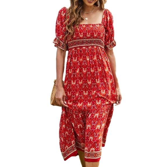 Genuiskids Women's Summer Boho Floral Print Square Neck Ruffle Swing Beach Long Dress Ruffle Midi Dress Cake Skirt