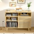 thumbnail image 3 of Large Record Player Stand, Mid-Century Turntable Stand with Doors and Charging Station Wood Record Player Table Holds Up to 450 Albums Vinyl Storage Display Shelf for Living Room, Natural, 3 of 16