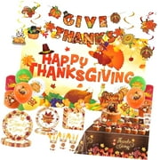 SKYSONIC Thanksgiving Themed Party Decorations, Give Thanks Banner, Turkey Maple Backdrop And Tablecloth, Cake Topper, Latex, Hanging Swirls,