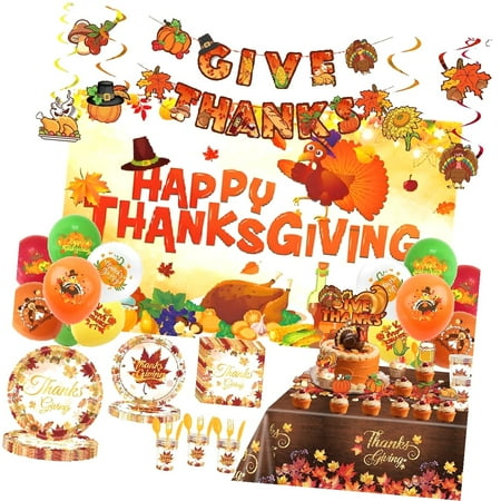SKYSONIC Thanksgiving Themed Party Decorations, Give Thanks Banner, Turkey Maple Backdrop And Tablecloth, Cake Topper, Latex, Hanging Swirls,