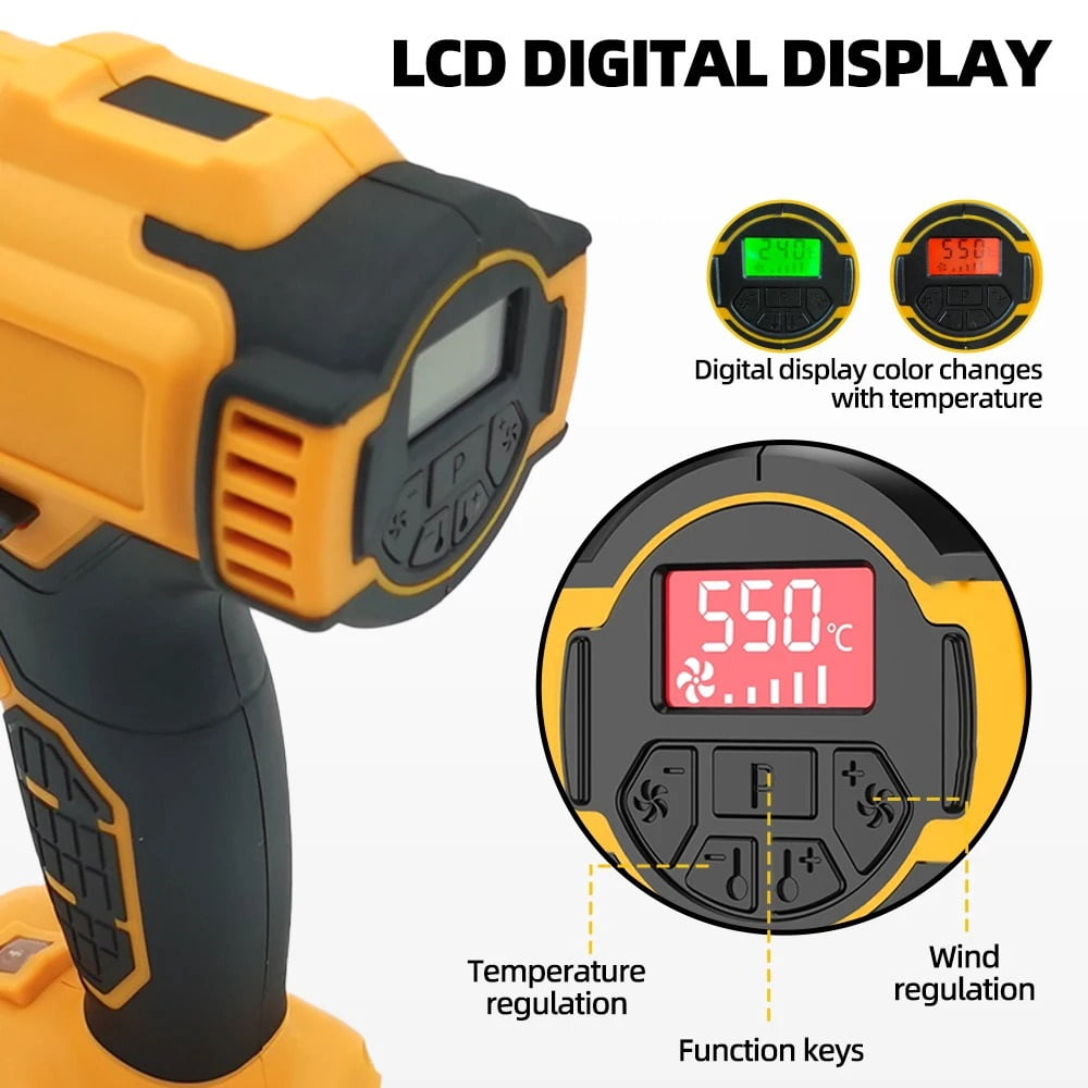 300W 550 Cordless Heat Gun with 5 Nozzle & LCD Digital Display Cordless Hot Air Gun for DW 20v Battery  (No Battery) ,Variable Temperature
