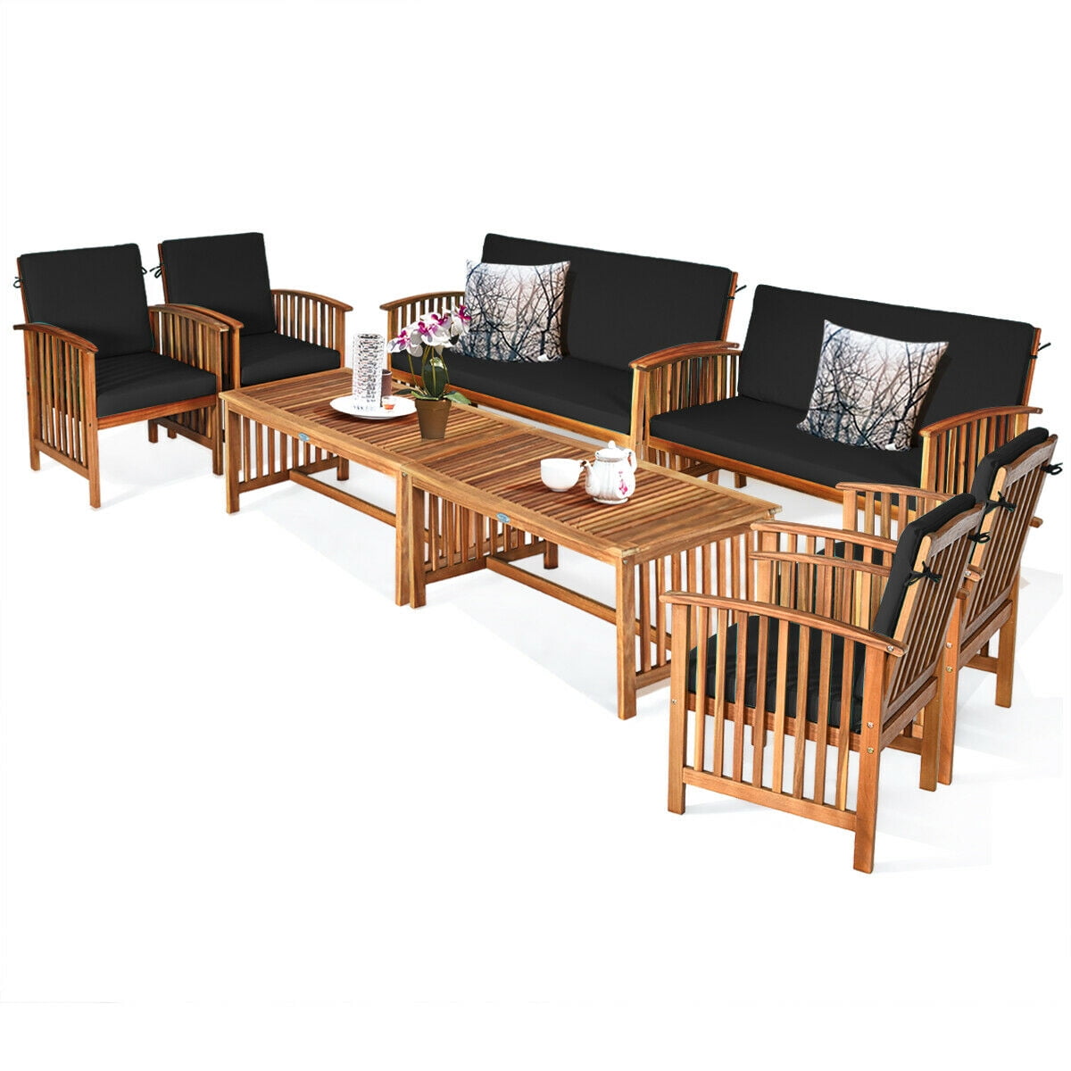 Gymax 8PCS Wooden Patio Conversation Set Outdoor Furniture Set w/ Cushions Black