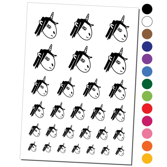Adorable Unicorn Face Doodle Water Resistant Temporary Tattoo Set Fake Body Art Collection - Black