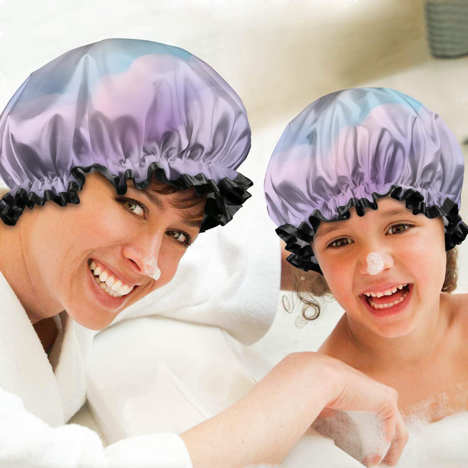 Shower Caps,Soft Pastel Cloudscape Waterproof Shower Cap for Women 4 Pieces,Double Reusable Hair Cover for Shower PEVA Elastic Stretch Hem