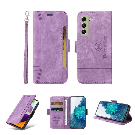 for Samsung Galaxy S21 FE Flip Case, Slide Card Pocket Premium PU Leather Folio Flip with Design Card Slots Wrist Strap Shockproof Kickstand Magnetic Protective Cover for Samsung S21 FE, Purple