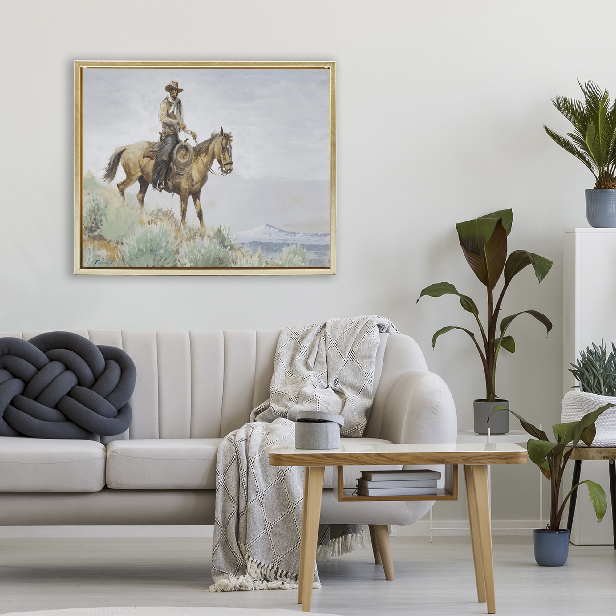 Stupell Industries Mounted Cowboy on Sagebrush Ridge Gold Framed Floater Canvas Wall Art, design by Arlington Prints